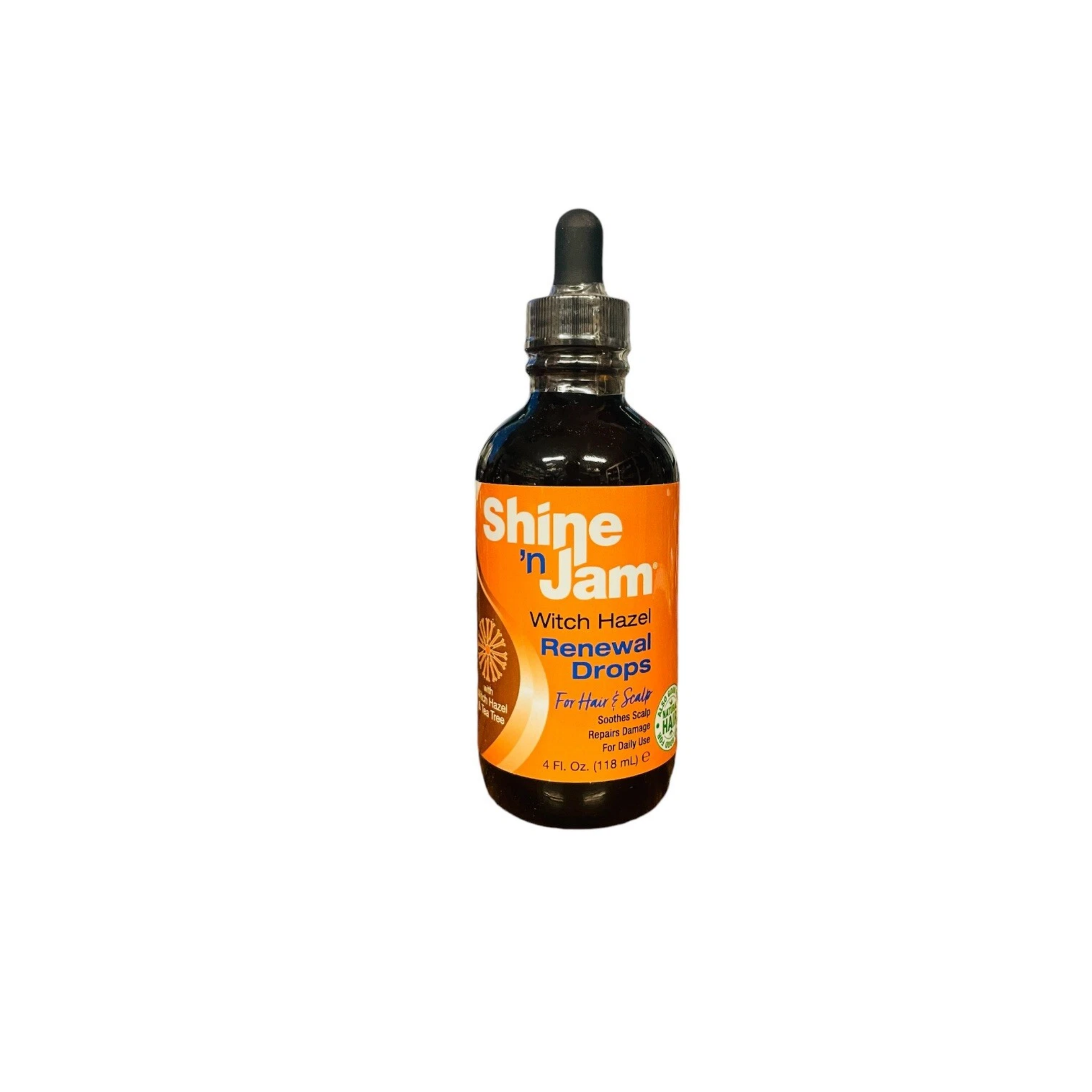 4oz Shine ’n Jam renewal drops with witch hazel and tea tree to soothe scalp and repair damage.