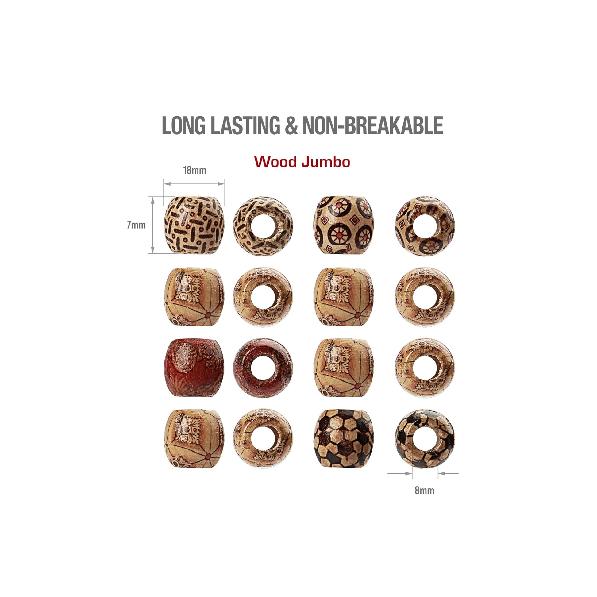 wooden patterned jumbo beads for braids, locs, and DIY crafts, 24-piece set.