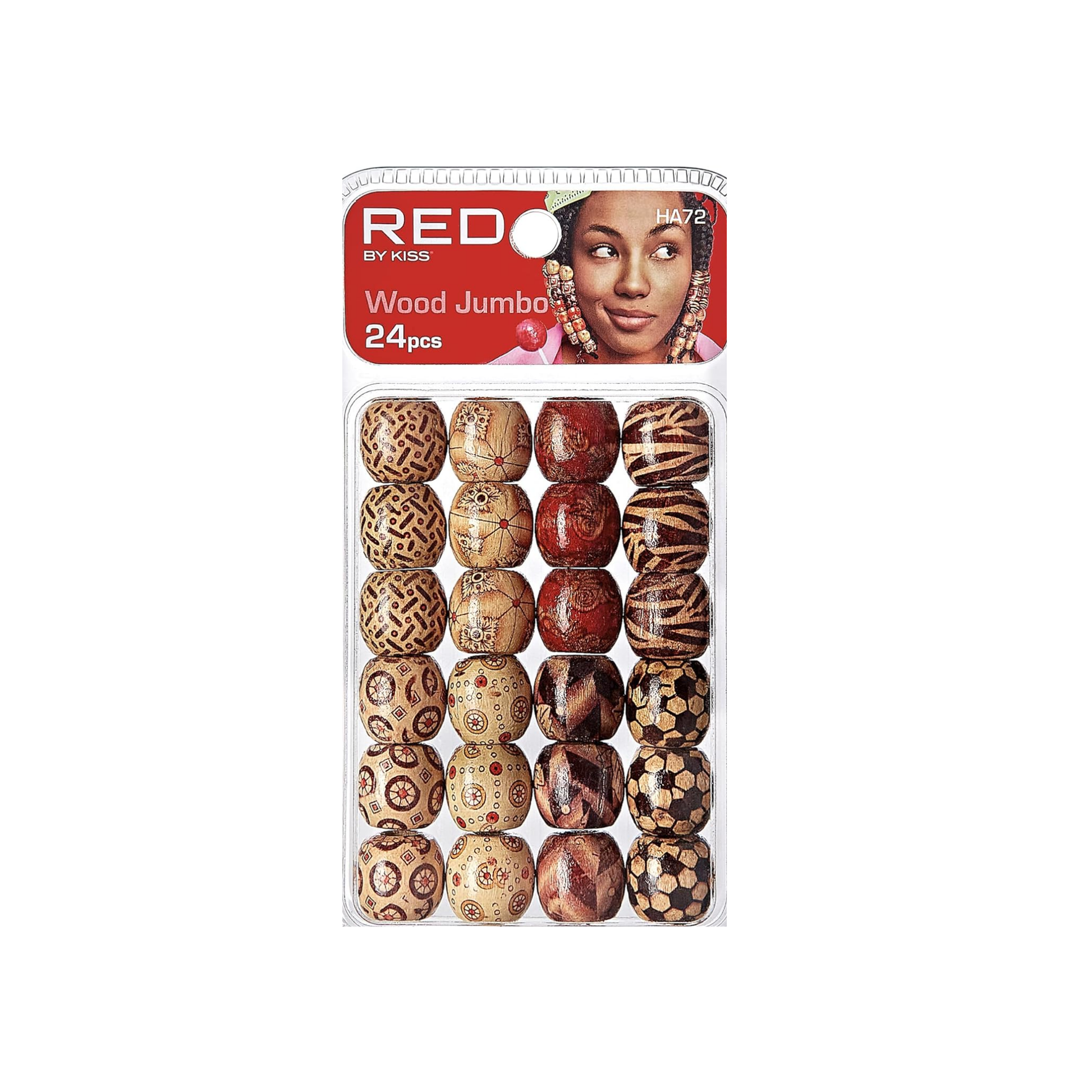 Wooden patterned jumbo beads for braids, locs, and DIY crafts, 24-piece set.