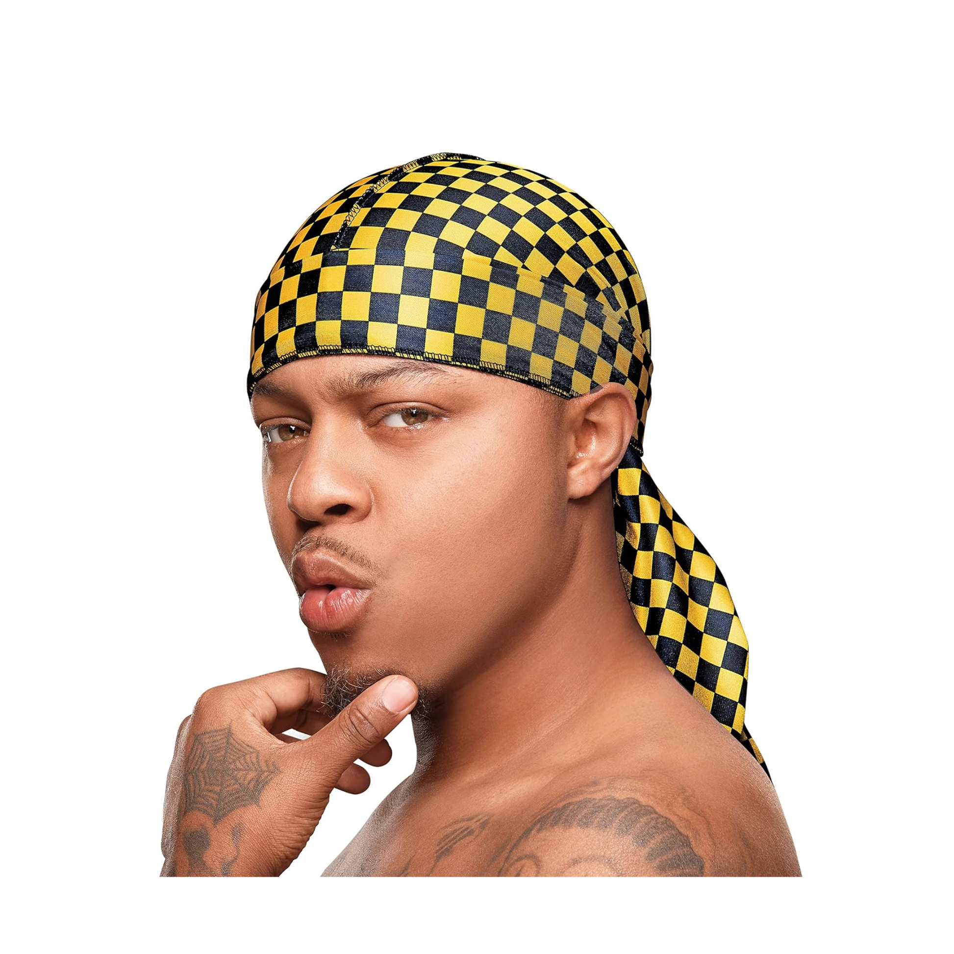 Yellow checker silky durag for men from bow wow x red by kiss, smooth compression design for waves and style.