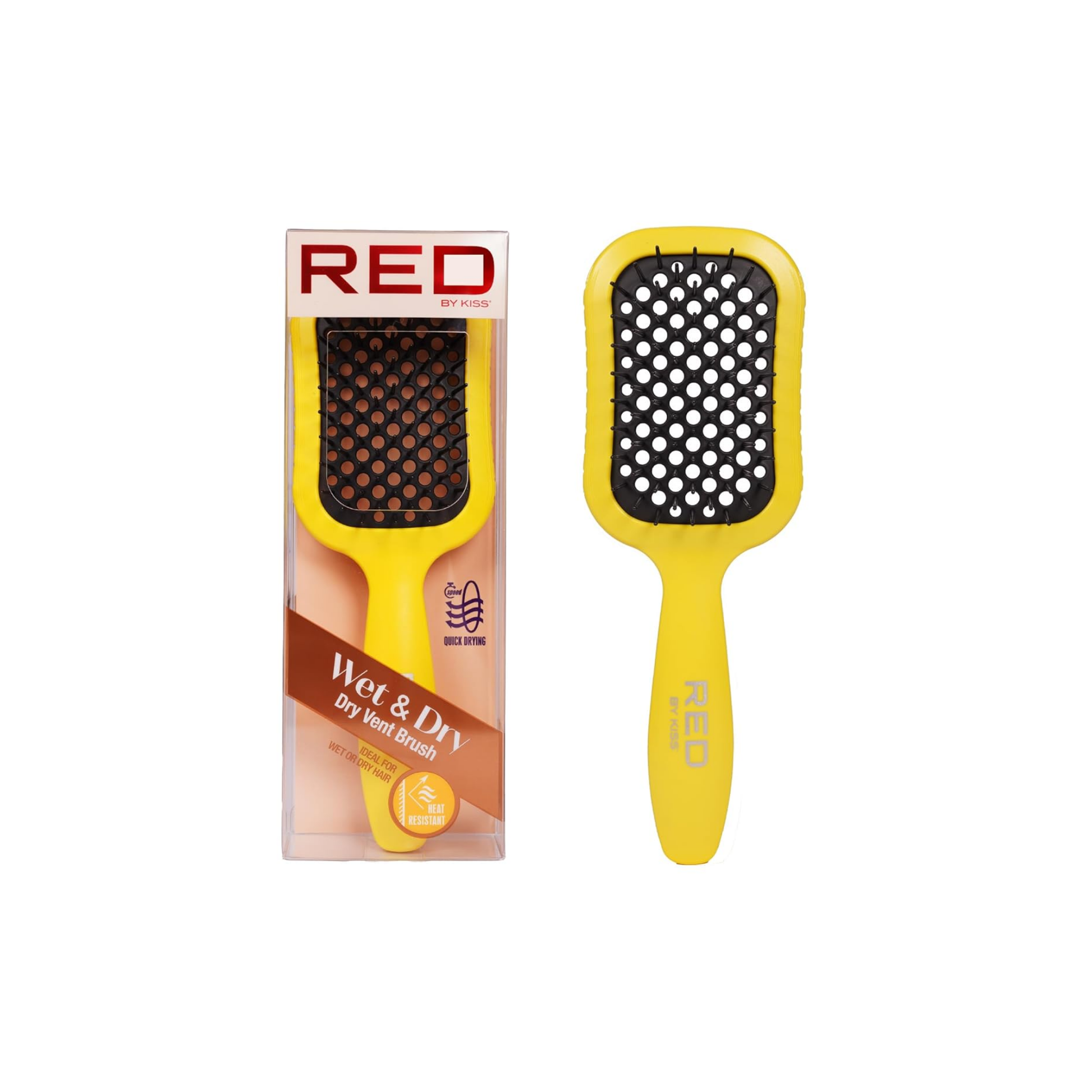 Yellow wet and dry vent hairbrush with heat-resistant bristles for quick drying and detangling