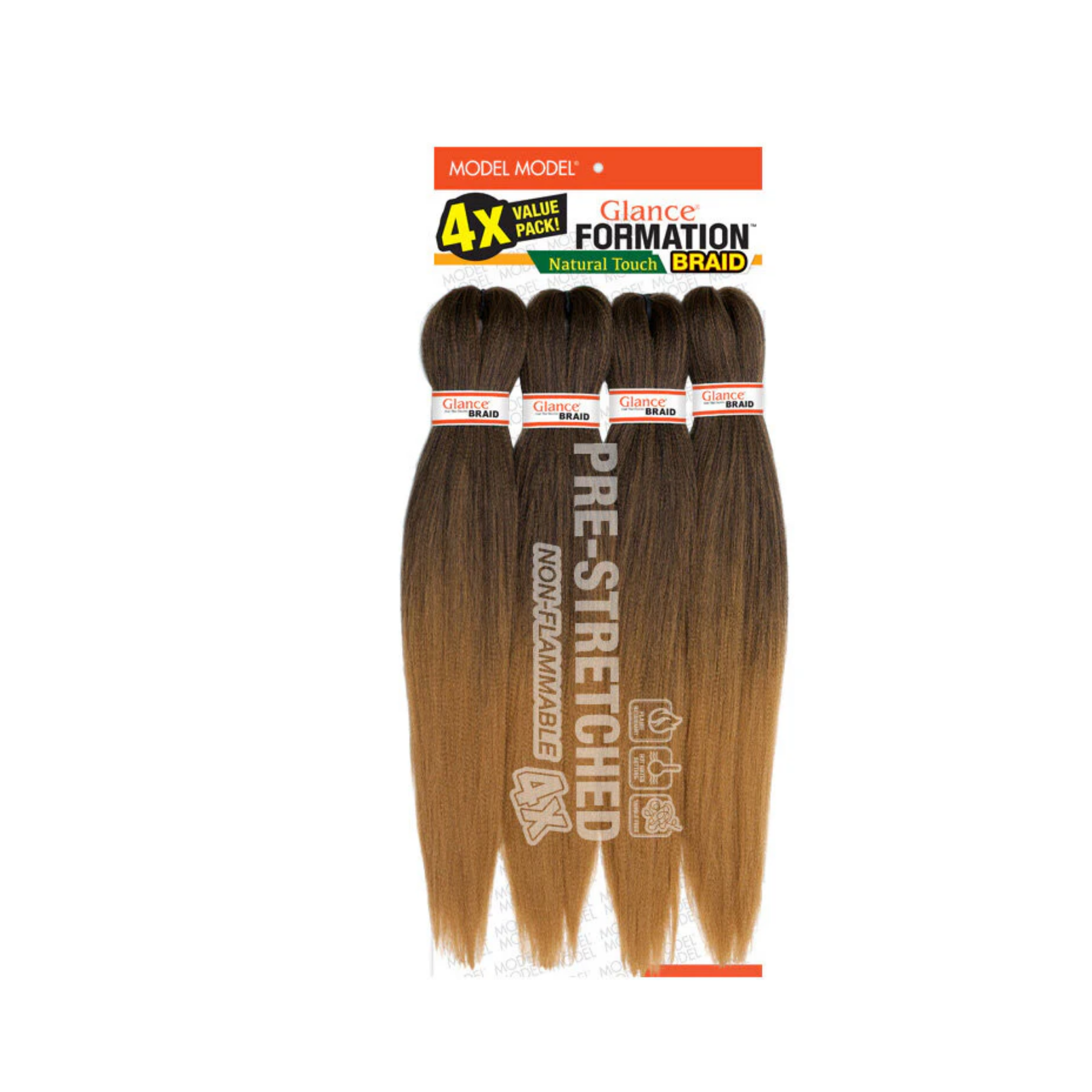 Model Model Glance 4X Formation Natural Touch Braid 20-inch pre-stretched synthetic hair pack in natural brown shade — non-flammable, hot water set friendly.