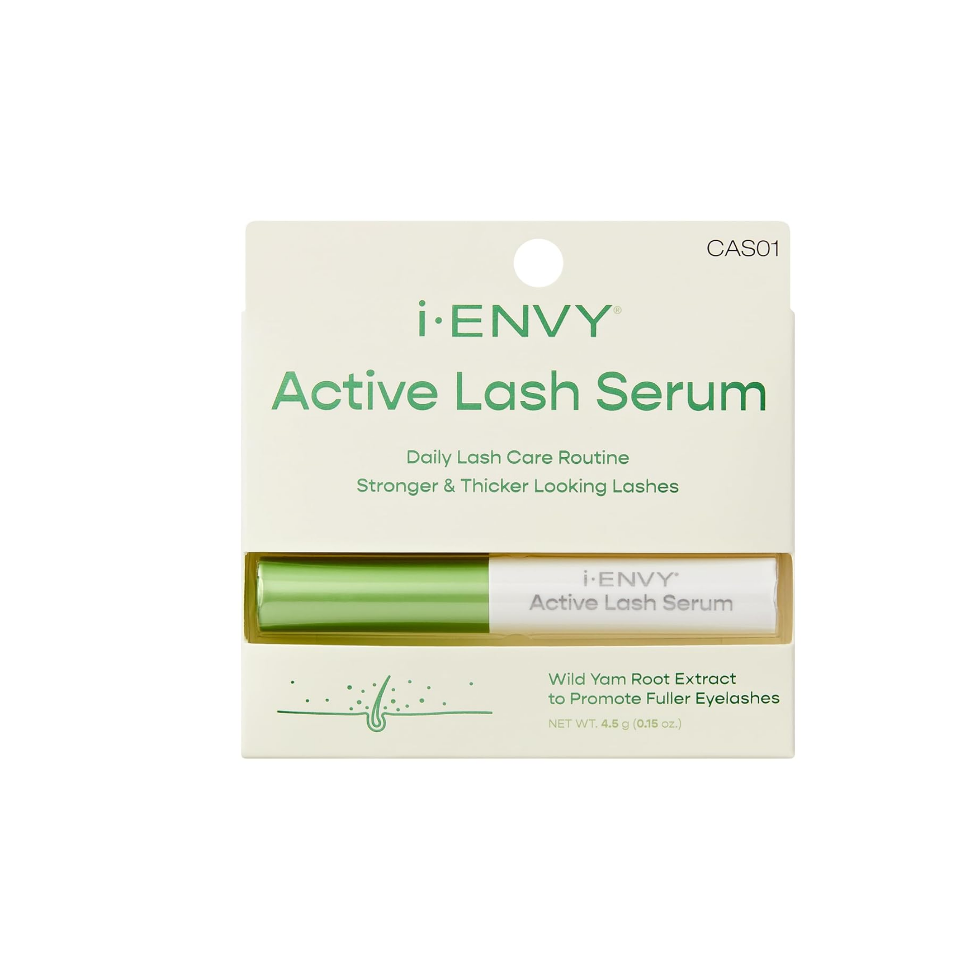 i-ENVY Active Lash Serum with Wild Yam Root Extract for stronger, thicker-looking lashes – daily lash care serum tube with green cap.