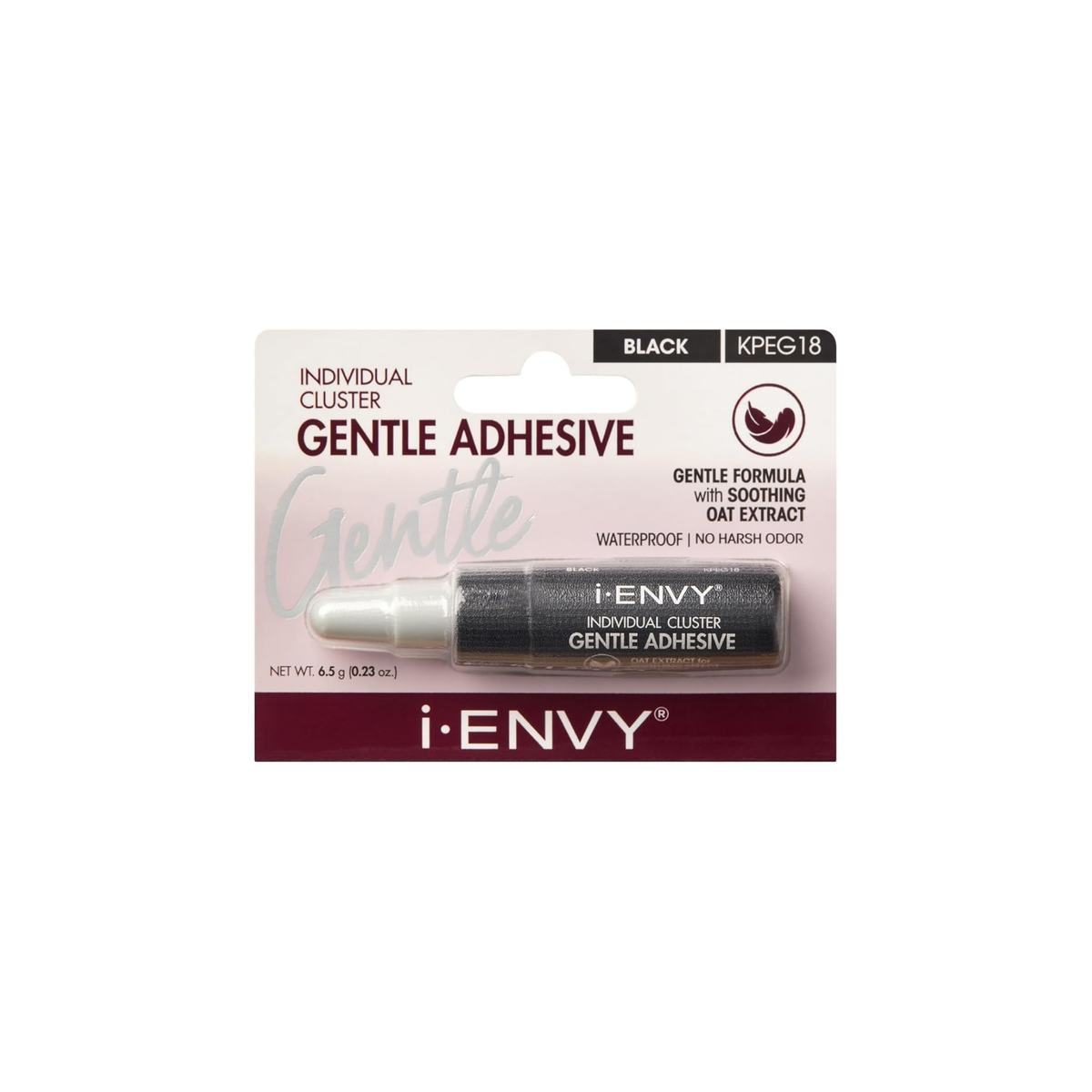 i-ENVY Individual Cluster Gentle Lash Adhesive black tube with soothing oat extract, waterproof and odor-free formula for sensitive eyes.