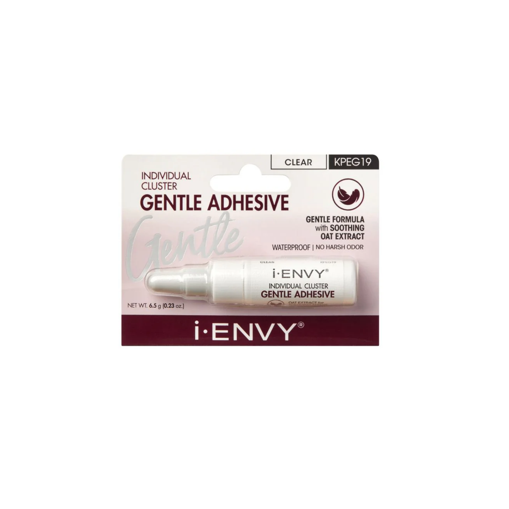i-ENVY Individual Cluster Gentle Lash Adhesive Clear tube with soothing oat extract, waterproof and odor-free formula for sensitive eyes.